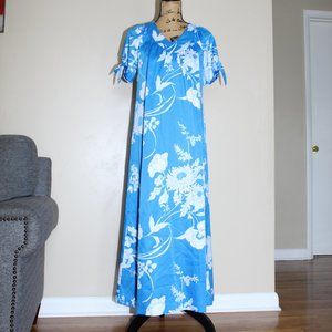 Vintage Malama Sophisticates Hawaiian Blue White Floral Maxi Dress Women's M